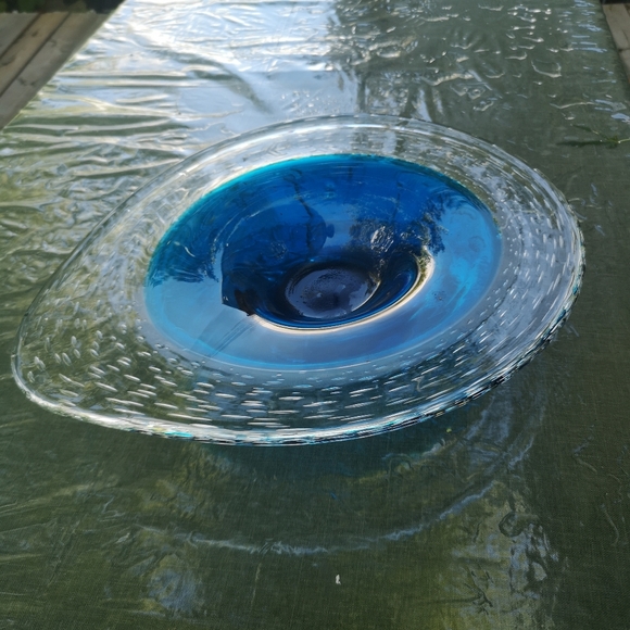 Blue Clear Air Infused Art Glass 17” Decorative Drop Shape Bowl/ Centerpiece - Picture 2 of 8